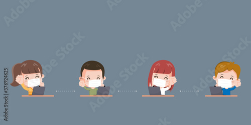 People keep distance working at desk. New normal lifestyle character. Protection from virus covid-19.