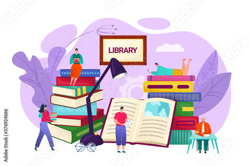 Library and knowledge concept, vector flat illustration. Tiny people sitting on bookshelves reading books. Education and study, learning literature. University library readers.