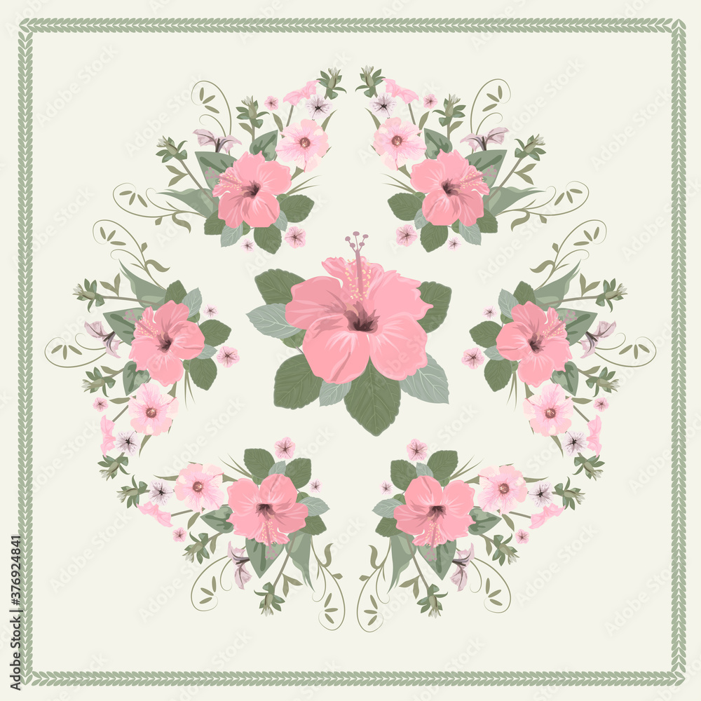 Vector floral pattern i in a circle, pink Hibiscus flower in the center background, feminine motive for fabric design, scarf, napkin, tablecloth, tile, print for clothes and accessories, scarf.