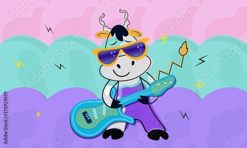 Cute cool bull with a guitar, in sunglasses stands on a bright background.
Symbol of the year.
Vector.