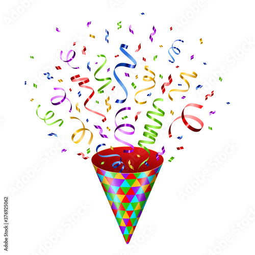 Party popper with confetti and serpantine salute isolated on white. Vector illustration. Colorful cracker for celebration event design. Birthday and New Year congratulations surprise.