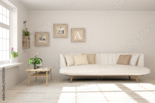 White living room with sofa. Scandinavian interior design. 3D illustration