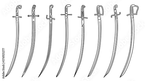 Set of simple vector images of cavalry swords with decorative hilts drawn in art line style.
