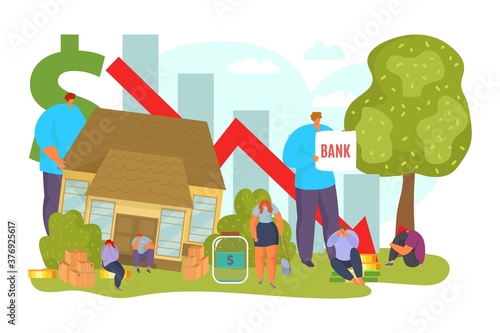 Loss of property, investment risk and uncertainty in real estate housing market concept, vector illustration. Fall and crisis in finances and mortgage. Housing property economical crash or decline.