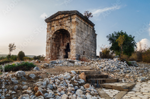 Mausoleum of Queen Aba in ancient city Kanli Divane or Canytelis, Ayaş, Turkey. Tomb built as crypt for her family in 2 century AD. Architecture is similar to Roman temples