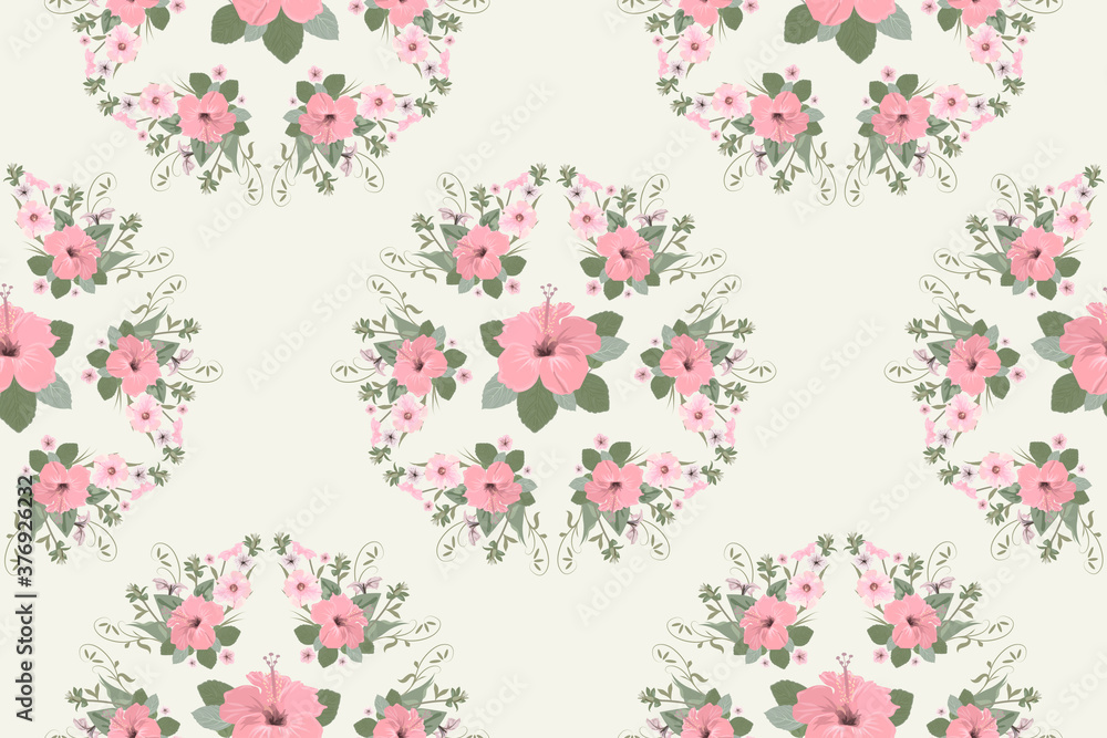 Vector floral seamless pattern in a circle, pink Hibiscus flower in the center background, feminine motive for fabric design, hijab, scarf, textile, wallpaper, wrapping paper, Vector floral seamless pattern in a circle, pink Hibiscus flower in the center background, feminine motive for fabric design, hijab, scarf, textile, wallpaper, wrapping paper,