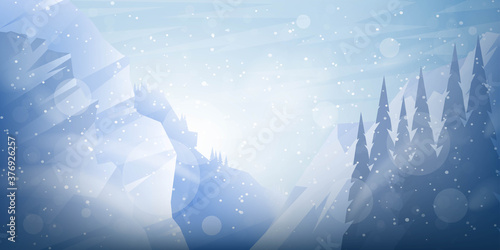 Vector illustration. Flat landscape. Snowy background. Snowdrifts. Snowfall. Clear blue sky. Blizzard. Cartoon wallpaper. Cold weather. Winter season. Forest trees and mountains. Design for website
