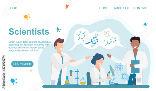 Scientists at Work concept. Diverse multiracial group of scientists, chemists or biologists working in a laboratory with flasks, test tubes and microscope. Web page template. Flat vector illustration