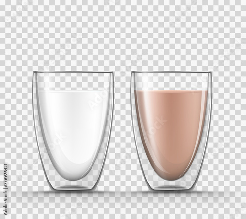 Realistic 3d illustration of milk and cocoa in a glass cups with double walls isolated on transparent background. Full mug with dairy product, protein cocktail, kefir, yogurt, chocolate milk, coffee.