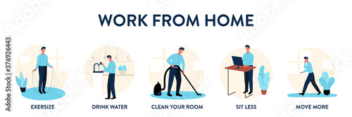 Work from home educational poster. Vector illustration of 5 tips for those who work remotely from home. Banner of how to maintain good lifestyle habits while working from home. Drink water, cleaning