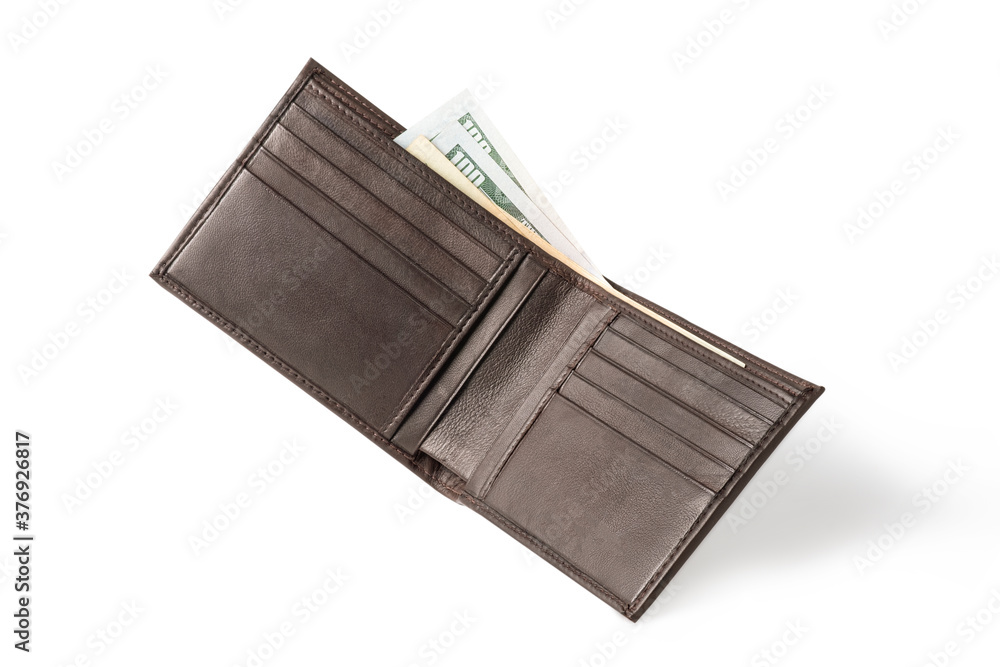Isolated of brown leather wallet bifold with money banknotes on white background. Clipping path. Isolated of brown leather wallet bifold with money banknotes on white background. Clipping path.
