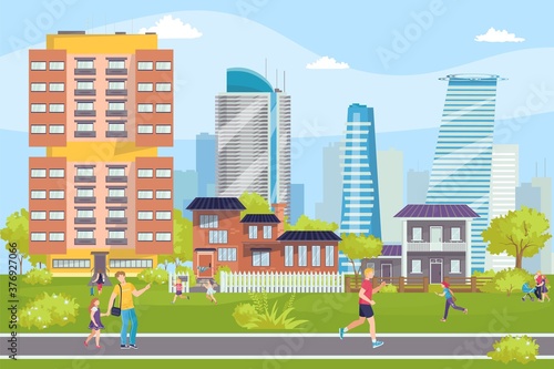 Modern buildings cityscape, people on streets, business center vector illustr...
