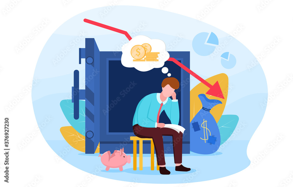 Bankruptcy concept with a young man sitting in front of an empty safe and a broken piggy Bank. Flat vector illustration Bankruptcy concept with a young man sitting in front of an empty safe and a broken piggy Bank. Flat vector illustration