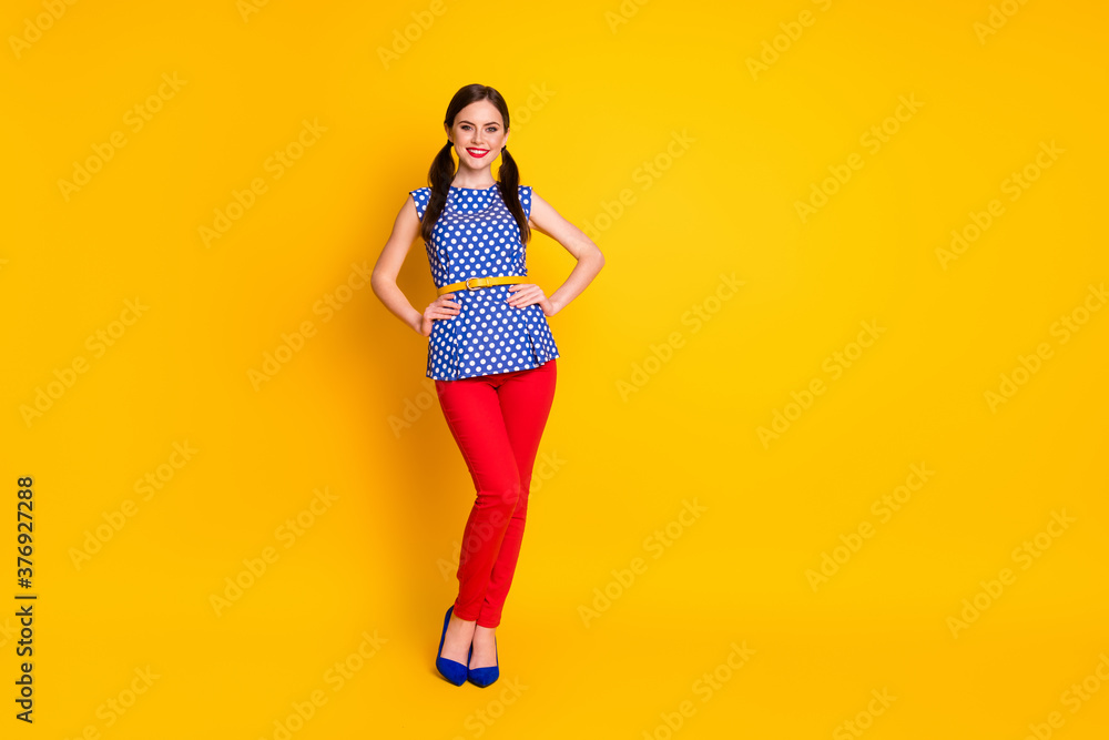 Full length body size view of her she nice-looking attractive pretty cheerful cheery fashionable girl posing wearing modern garment isolated bright vivid shine vibrant yellow color background Full length body size view of her she nice-looking attractive pretty cheerful cheery fashionable girl posing wearing modern garment isolated bright vivid shine vibrant yellow color background