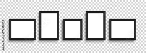 Frames collage. Flat lay of black frame. Frame mockup template on isolated transparent background. Black and white. Vector illustration