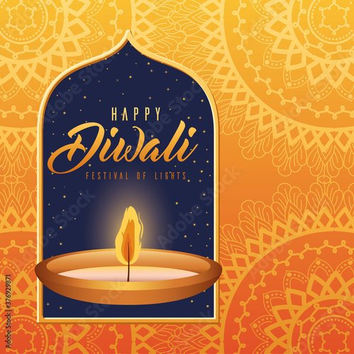Happy diwali candle with frame on orange with mandalas background vector design