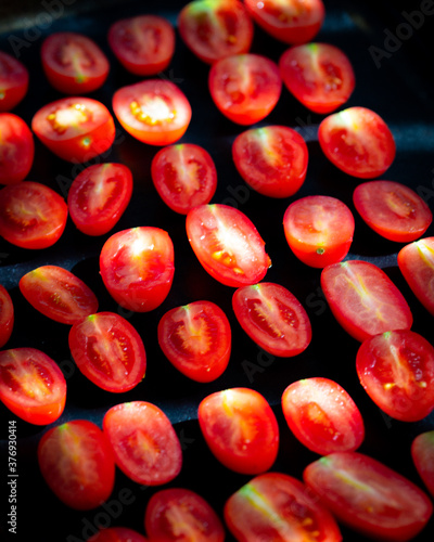 Plum tomatoes sliced ready for drying 