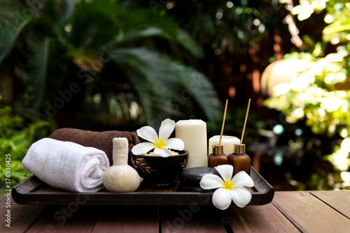 Thai Spa. Massage spa treatment aroma for healthy wellness and relax. Spa Plumeria flower for body therapy. Lifestyle Healthy Concept
