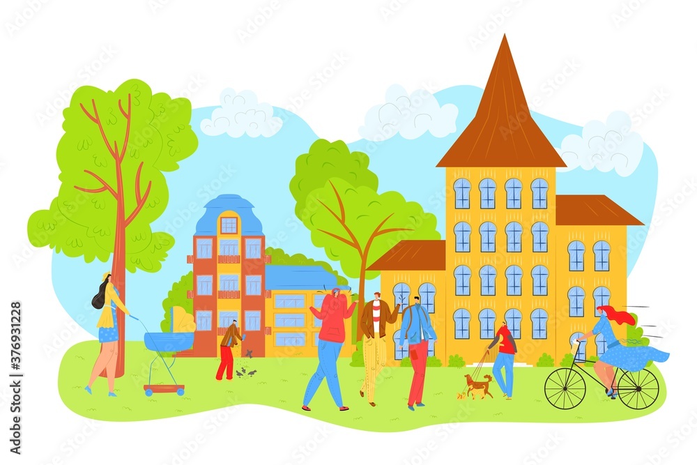 People walk in city park in summer, leisure and rest in nature with friends vector illustration. Mother with baby carrige, girl on bicycle, man with dog in park, relaxing among trees.