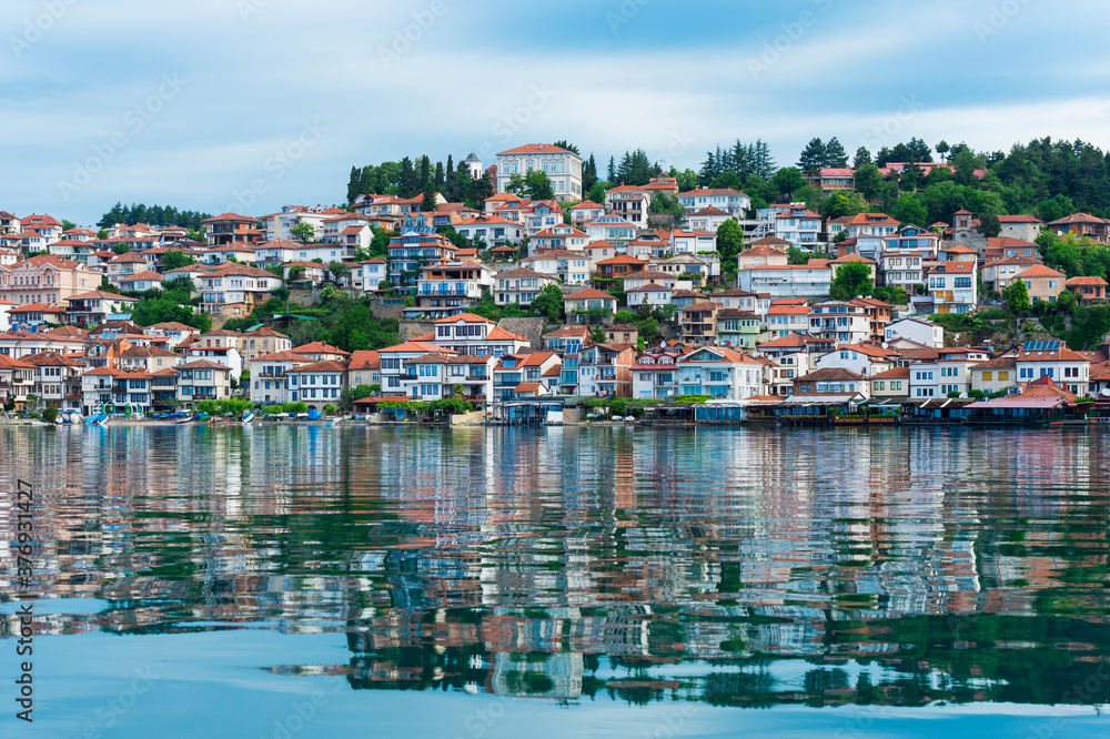 Ohrid old city reflecting in Lake Ohrid, Macedonia