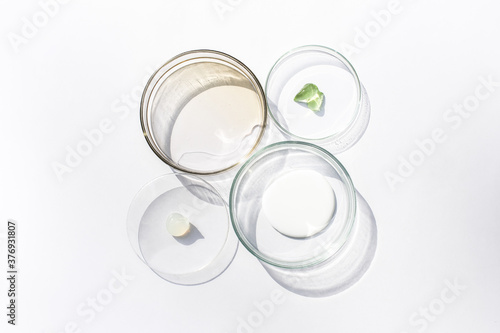 Petri dishes with cosmetic on white background. Top view, flat lay. Concept skincare. Dermatology science cosmetic laboratory. Natural medicine, cosmetic research, organic skin care products.