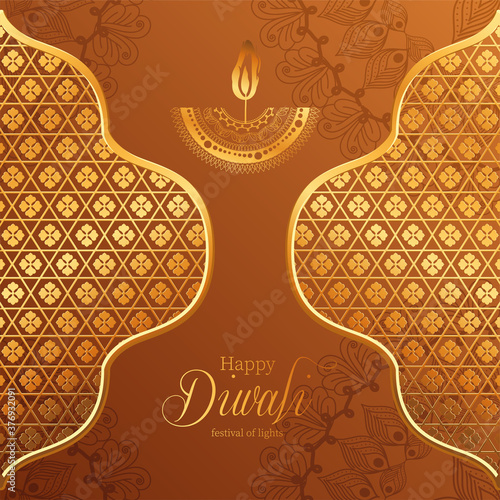 Happy diwali gold mandala candle and frames on brown background vector design