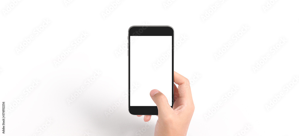 Hand holding smartphone device touching screen Hand holding smartphone device touching screen