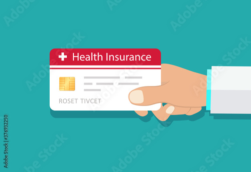 Health insurance card in hand. Doctor holding plastic card of health care of patient. Clinic service payment concept.