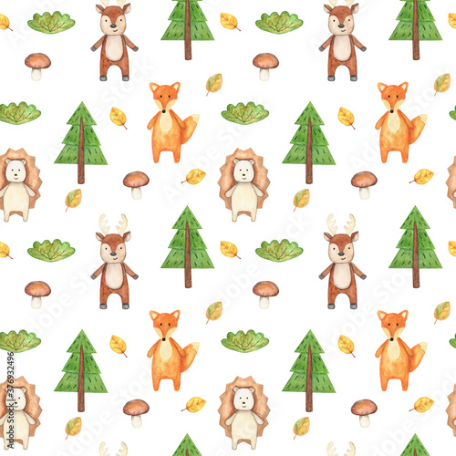Watercolor drawing with cute wild animals. Seamless pattern with Fox, deer, hedgehog, fir tree, Bush, mushroom and autumn leaves. For baby decor and textiles.