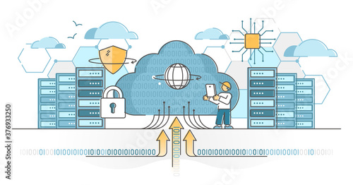 Data center servers for cloud hosting and storage service outline concept