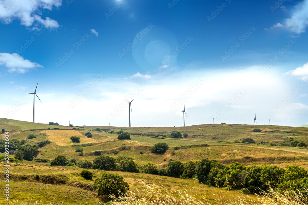 Wind energy turbine in the meadow field in summer