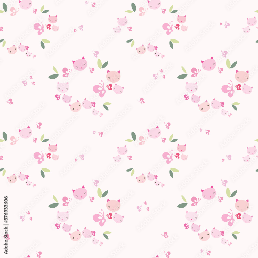 Cute cat wreath seamless pattern with butterflies and leaves on pink background. Cute cat wreath seamless pattern with butterflies and leaves on pink background.