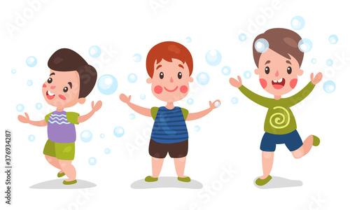 Funny Boys Playing and Blowing Soap Bubbles Vector Illustration Set
