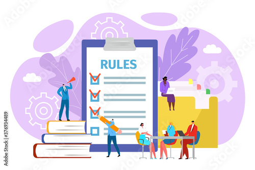 Rules in office concept, vector illustration. Legal law corporate regulation. Businessman compliance and policy management. Agreements and principles of work, rules in office.