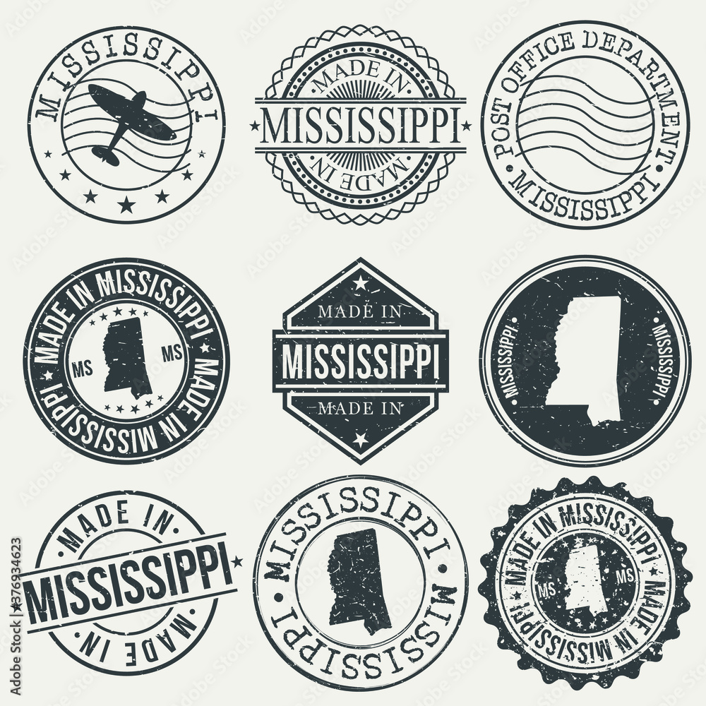 Mississippi Set of Stamps. Travel Stamp. Made In Product. Design Seals Old Style Insignia.