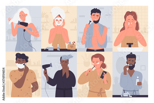 People in morning routine vector illustration set. Cartoon young woman characters brushing teeth with toothbrush in bathroom, doing beauty procedures, active man shaving, morning activity background