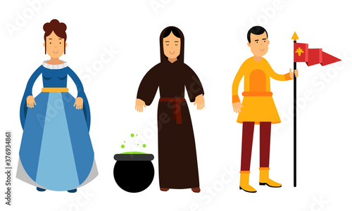 Medieval People Characters with Court Lady and Witch Vector Illustration Set