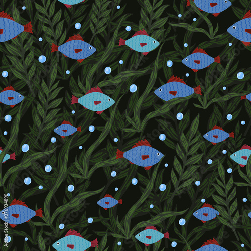Dark plankton print seamless pattern, Blue fishes and random seaweed silhouettes. Black background with water bubbles.