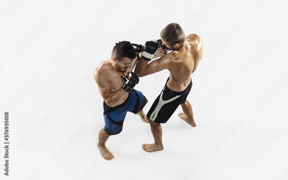 Two professional MMA fighters boxing isolated on white studio background. Top view of couple of muscular athletes. Sport, healthy lifestyle, competition, dynamic and motion, action concept. Copyspace. Two professional MMA fighters boxing isolated on white studio background. Top view of couple of muscular athletes. Sport, healthy lifestyle, competition, dynamic and motion, action concept. Copyspace.