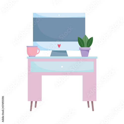 workspace table with computer coffee cup and plant isolated design white background