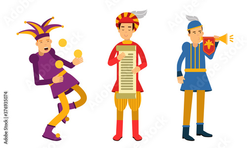 Medieval People Characters with Herald and Jester Vector Illustration Set