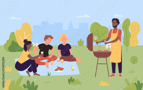 People on outdoor picnic party vector illustration. Cartoon happy young friend group of characters grilling meat, cooking grilled barbecue sausages, bbq food on grill in summer nature background