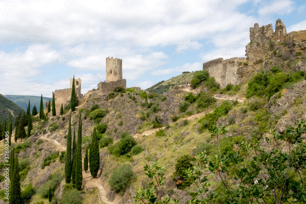 Ruins of four medieval cathar castles Lastours in the mountain valley of Pyrenees, France