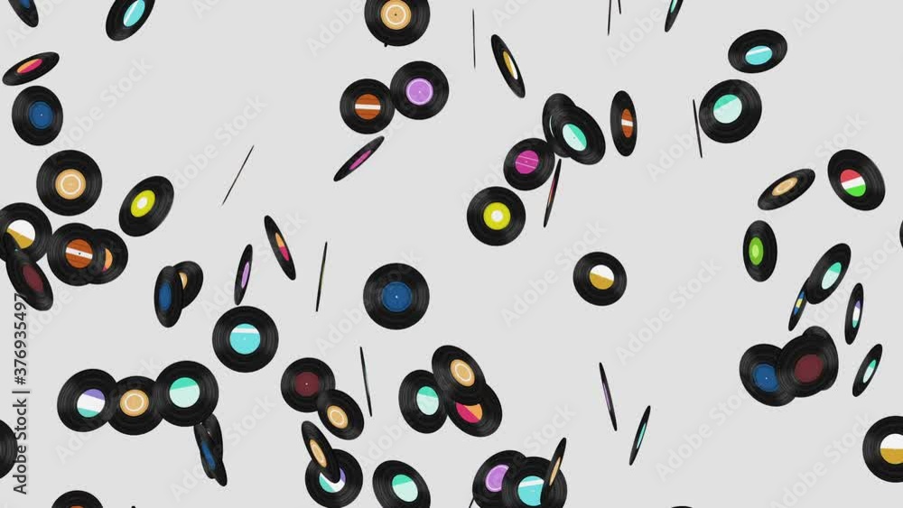 Flying many vinyl records on black background. Old technology. Retro design. 3D animation of music record rotating. Loop animation. Flying many vinyl records on black background. Old technology. Retro design. 3D animation of music record rotating. Loop animation.