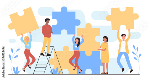 People connect puzzles flat vector illustration. Cartoon happy man woman young team of characters connecting puzzle pieces together. Teamwork building, successful partnership concept isolated on white