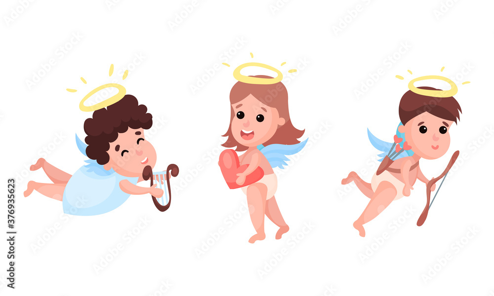 Cute Baby Angels with Nimbus and Wings Vector Set Cute Baby Angels with Nimbus and Wings Vector Set