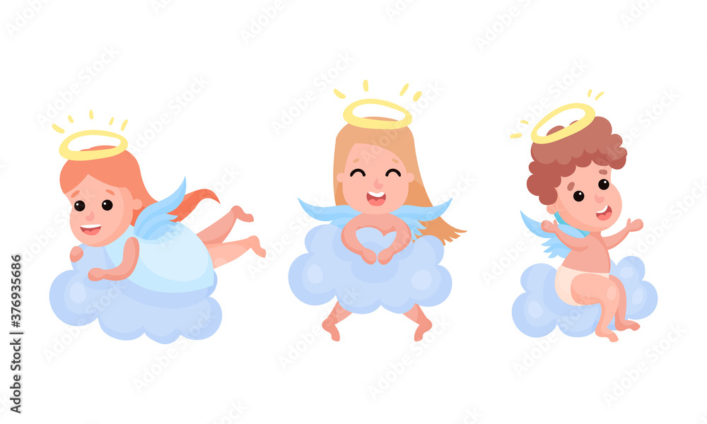 Cute Baby Angels with Nimbus and Wings Sitting on Clouds Vector Set Cute Baby Angels with Nimbus and Wings Sitting on Clouds Vector Set