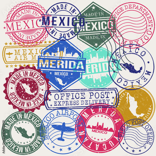 Merida Mexico Set of Stamps. Travel Stamp. Made In Product. Design Seals Old Style Insignia.