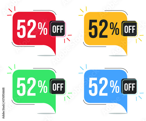 52% off. Red, yellow, green and blue tags with fifty-two percent discount. Banner with four colorful balloons with special offers vector.