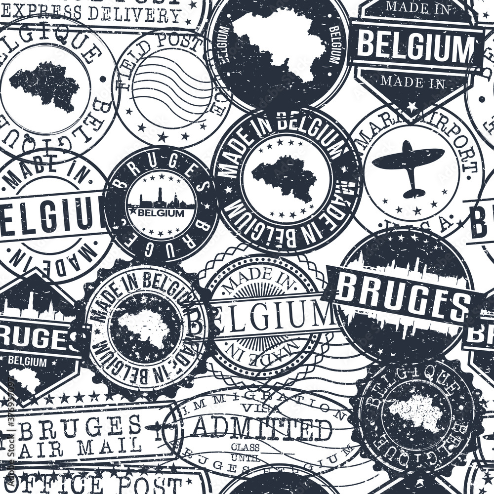 Bruges Belgium Stamps. City Stamp Vector Art. Postal Passport Travel. Design Set Pattern.